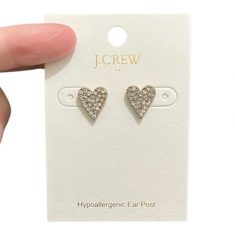 NWT J.Crew Pavé Crystal Heart Stud Earrings Valentine’s Day Pave J. Crew Factory